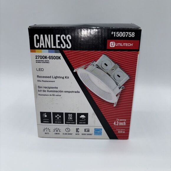 Utilitech Canless Recessed Light Kit #1500758 LED 2700K-6500K-NIB 4.3" Opening - Picture 1 of 8